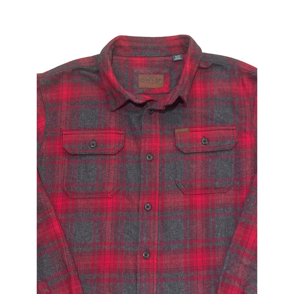 Orvis Mens XL Red Charcoal Plaid Heavy Flannel Button Down Shirt Long Sleeve